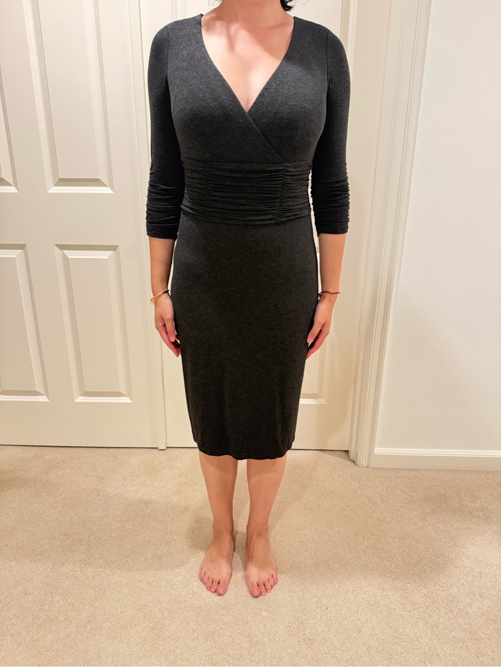 NUE by Shani V-Neck Midi Dress — Charcoal Gray, Built-In Shapewear Lining, US 2